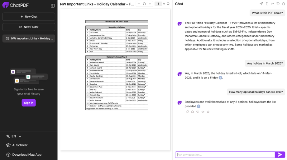 This is an illustrative example of how the tool summarises the PDF content and answers specific queries 